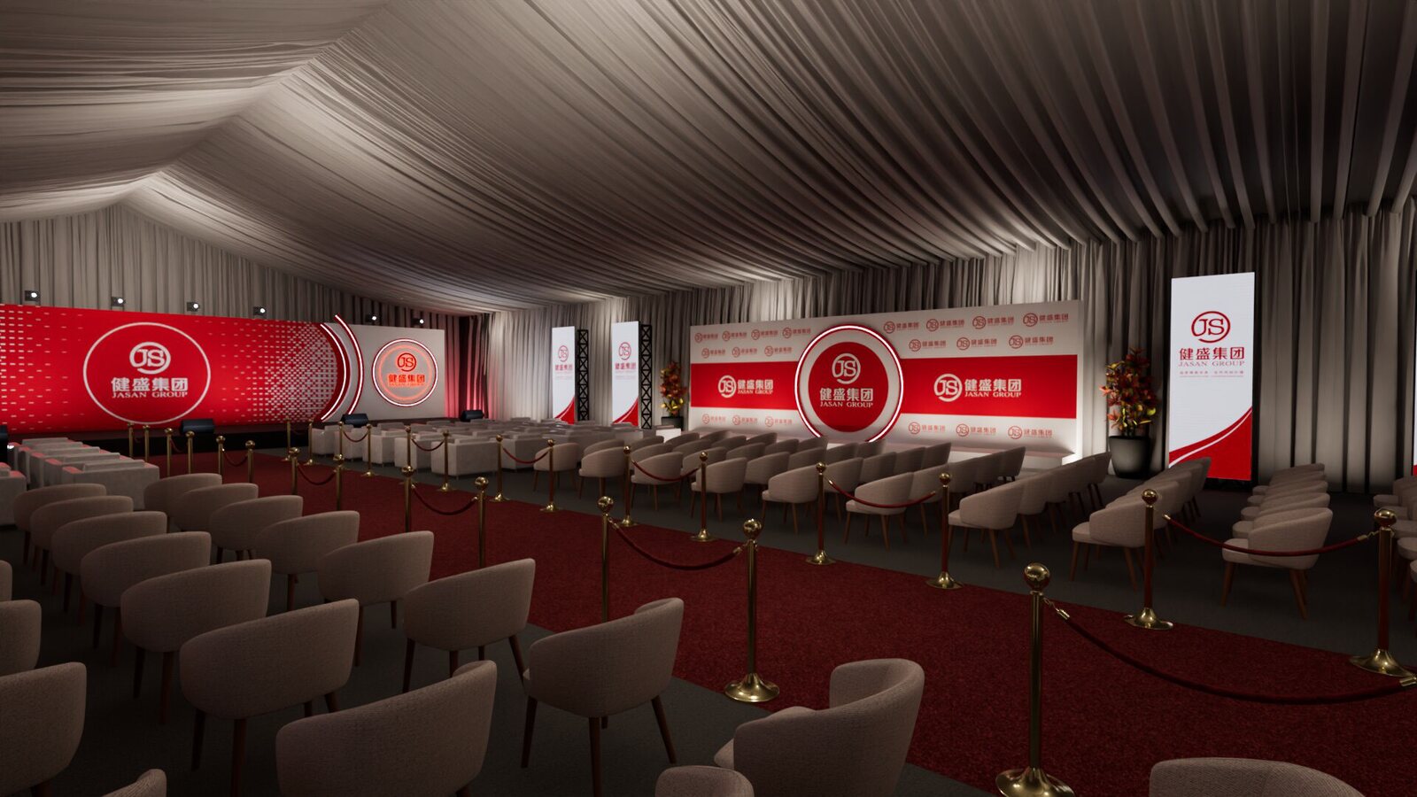 Covered tent interior — angled view of stage and backdrops